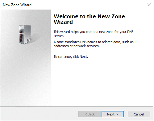 Starting the new zone wizard in the dns management console