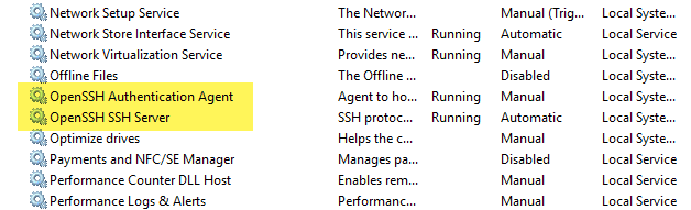 Starting the openssh services including the server and authentication agent