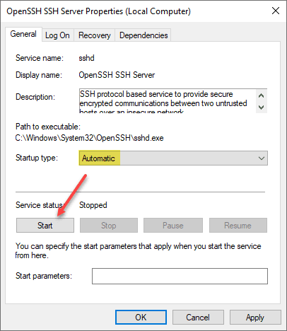 Starting the windows openssh service