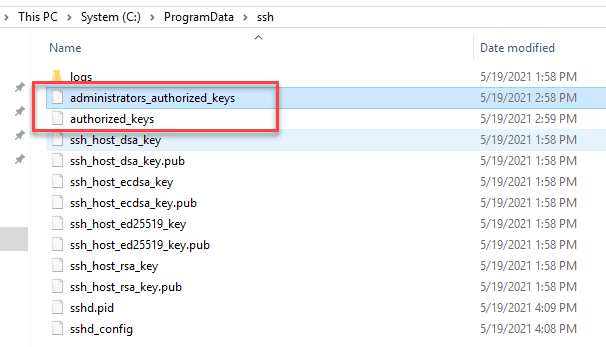 The authorized key files for use with public key authentication