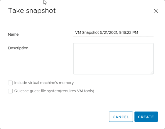 The take snapshot dialog box in the vsphere client