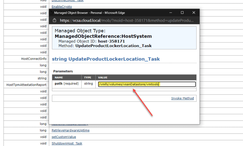 Using the managed object browser mob to update the productlocker location in esxi