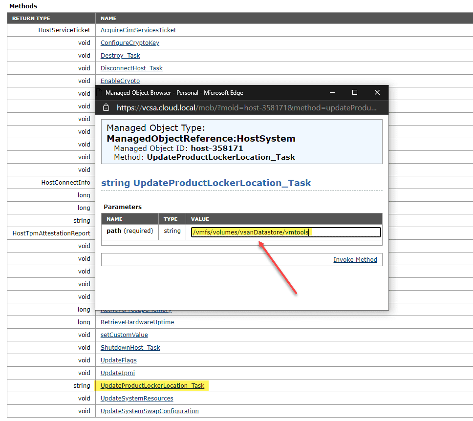 Using the managed object browser mob to update the productlocker location in esxi