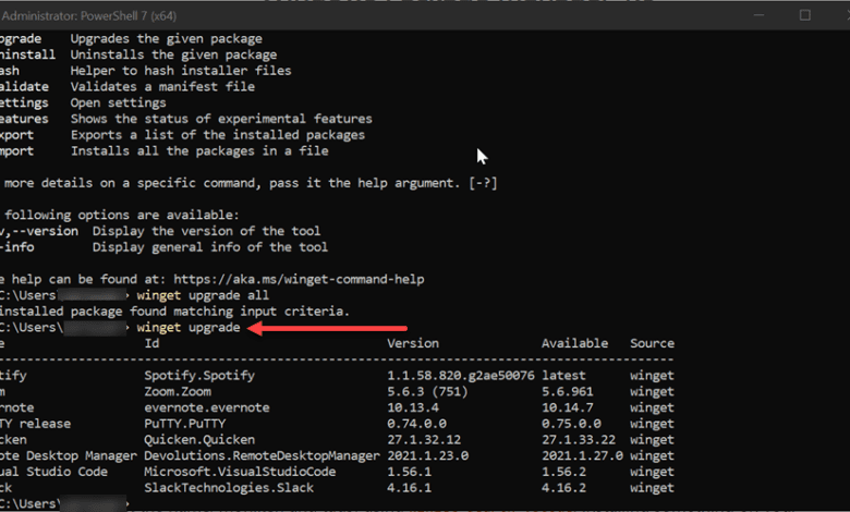 Winget 1.0 upgrade command showing all available upgrades