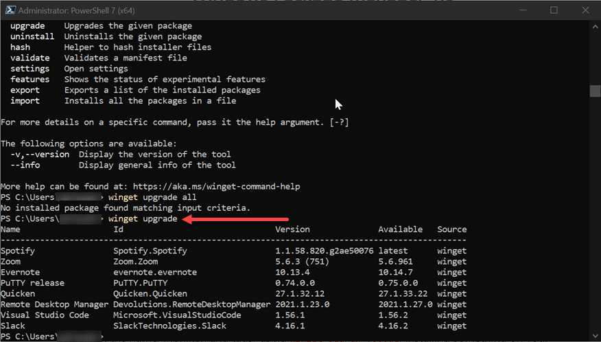 Winget 1.0 upgrade command showing all available upgrades