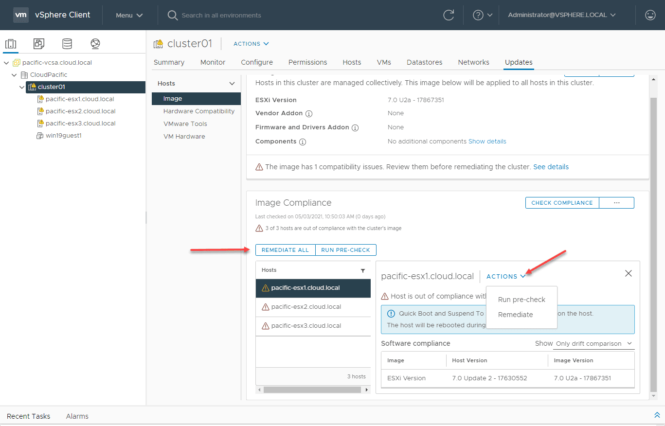 You can remediate the entire cluster or a single host at a time with vlcm