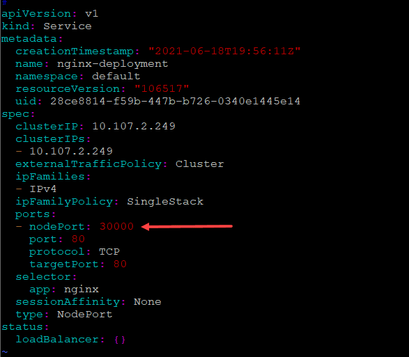 A node port configuration on a kubernetes service