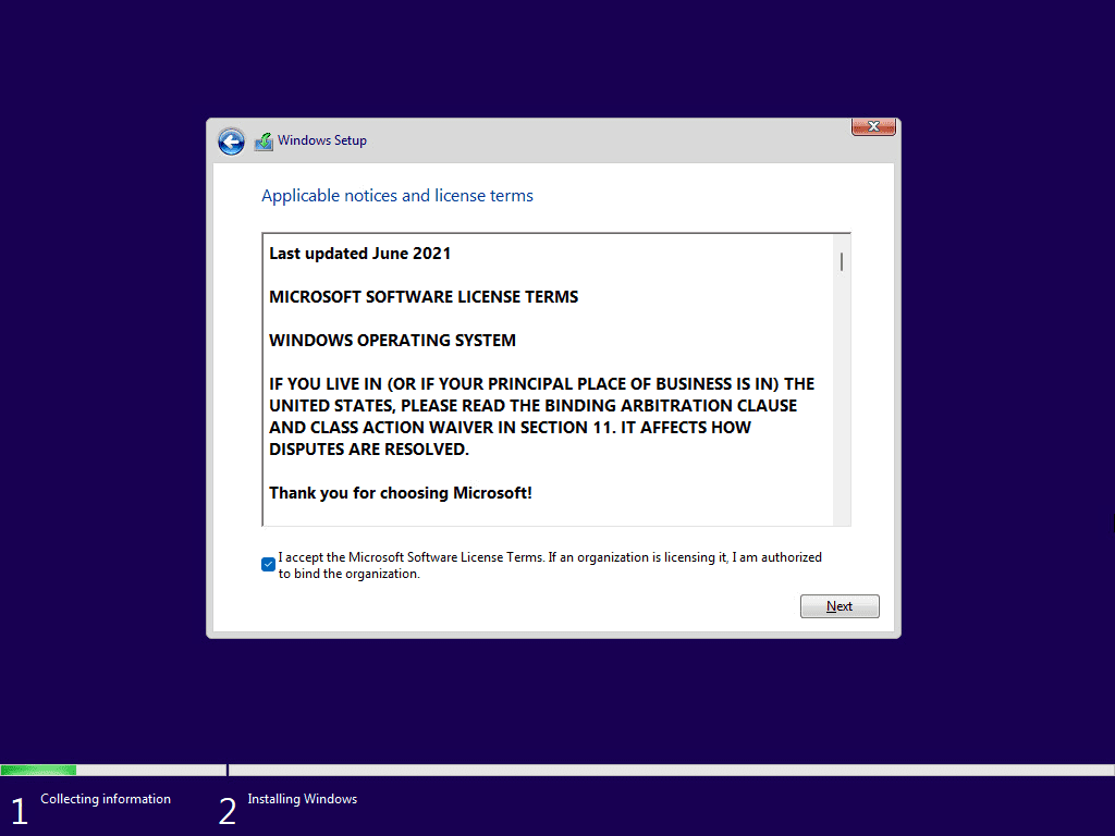 Accepting the windows 11 eula