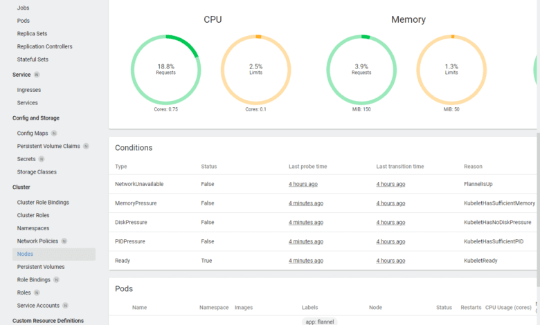 After logging into the kubernetes dashboard with the cluster admin service account