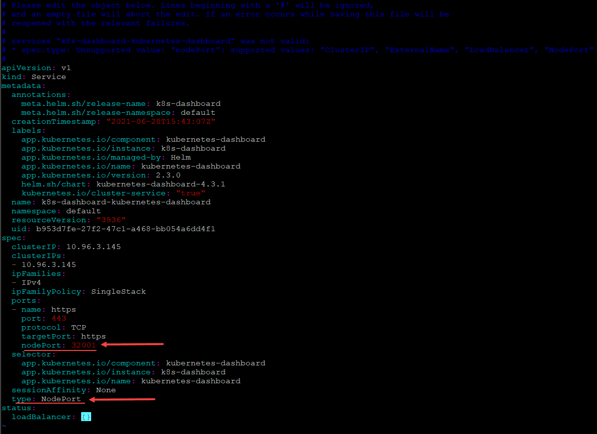 Configuring the kubernetes dashboard service for nodeport access