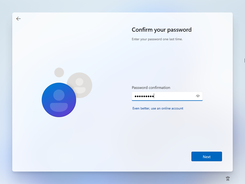 Confirm your password in windows 11 setup