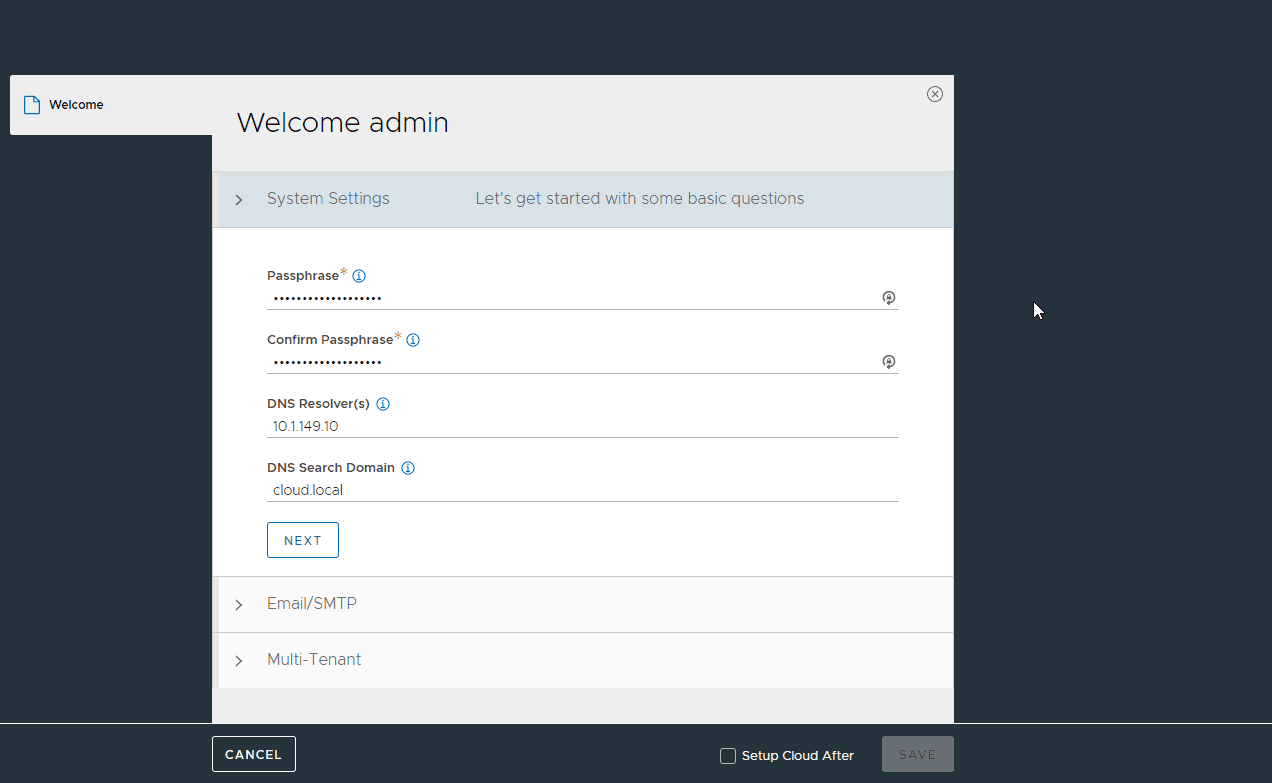 Create a passphrase and dns configuration