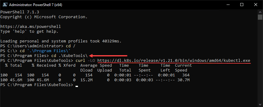 Downloading the kubectl command using curl in windows 10