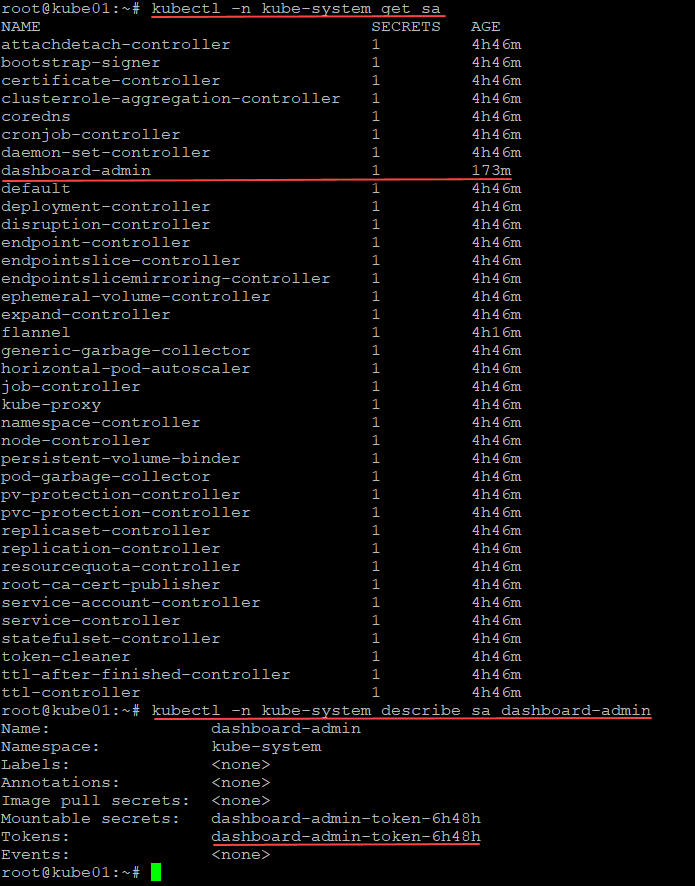 Getting the newly created cluster admin service account and token