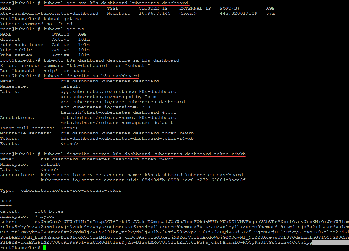 Getting the service account token and secret values for logging into the kubernetes dashboard