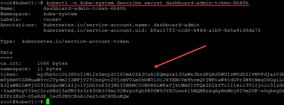 Getting the token secret value for logging into the kubernetes dashboard with full privileges