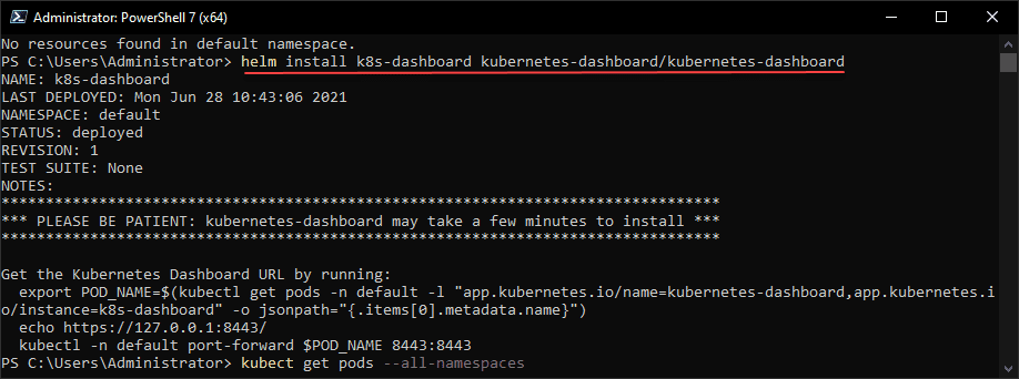 Installing the official kubernetes dashboard using the helm chart