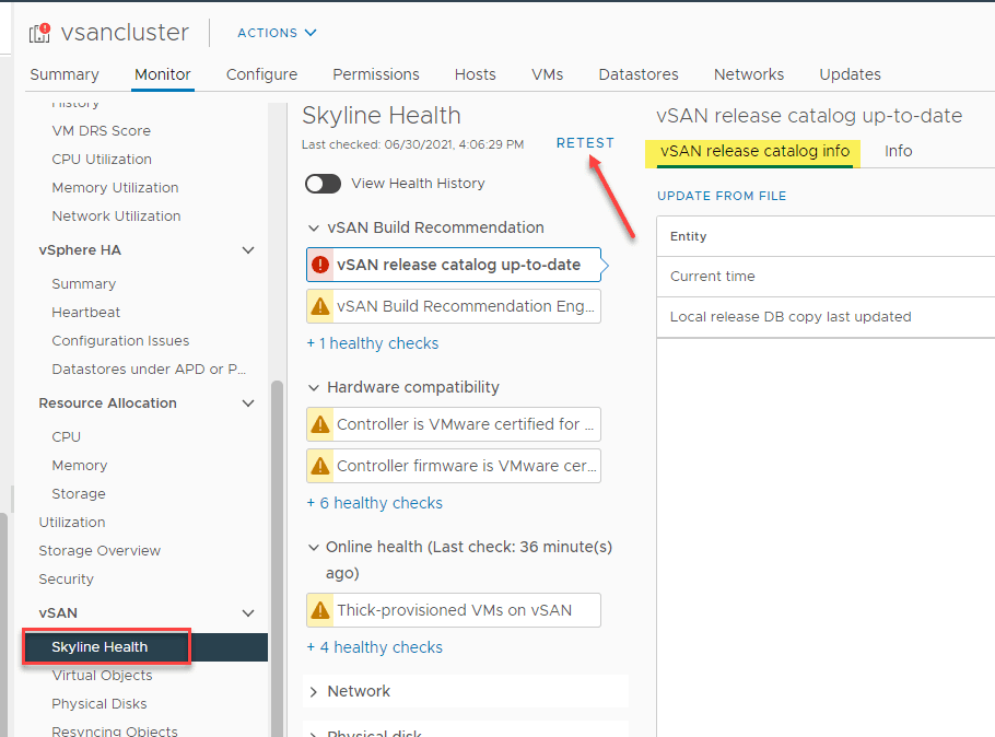 Manually retest your vmware vsan cluster to proactively recheck the cluster health