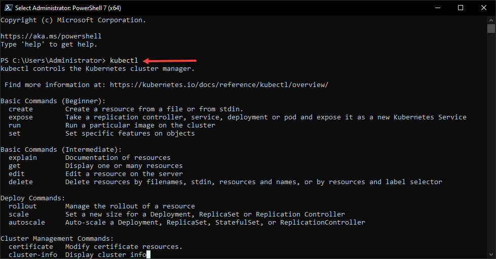 Running the kubectl command to verify windows path and other configuration