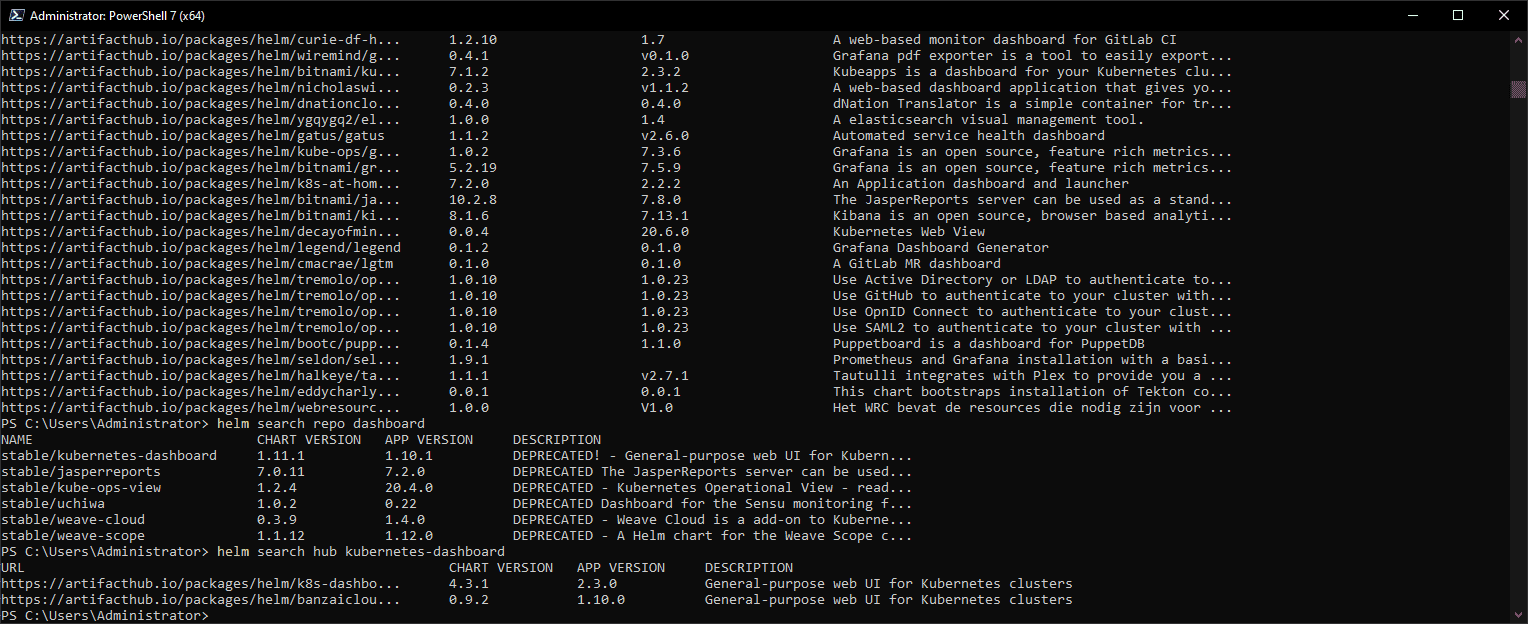 Searching the stable repository and the hub using helm for kubernetes dashboard