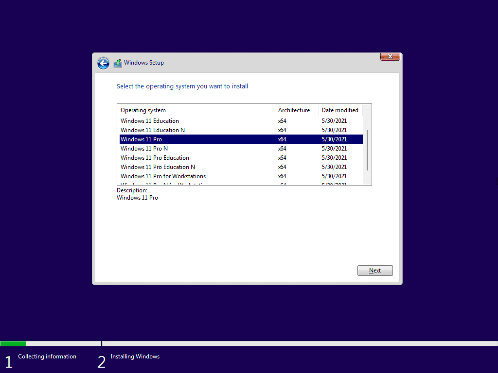 Select the version of windows 11 to install