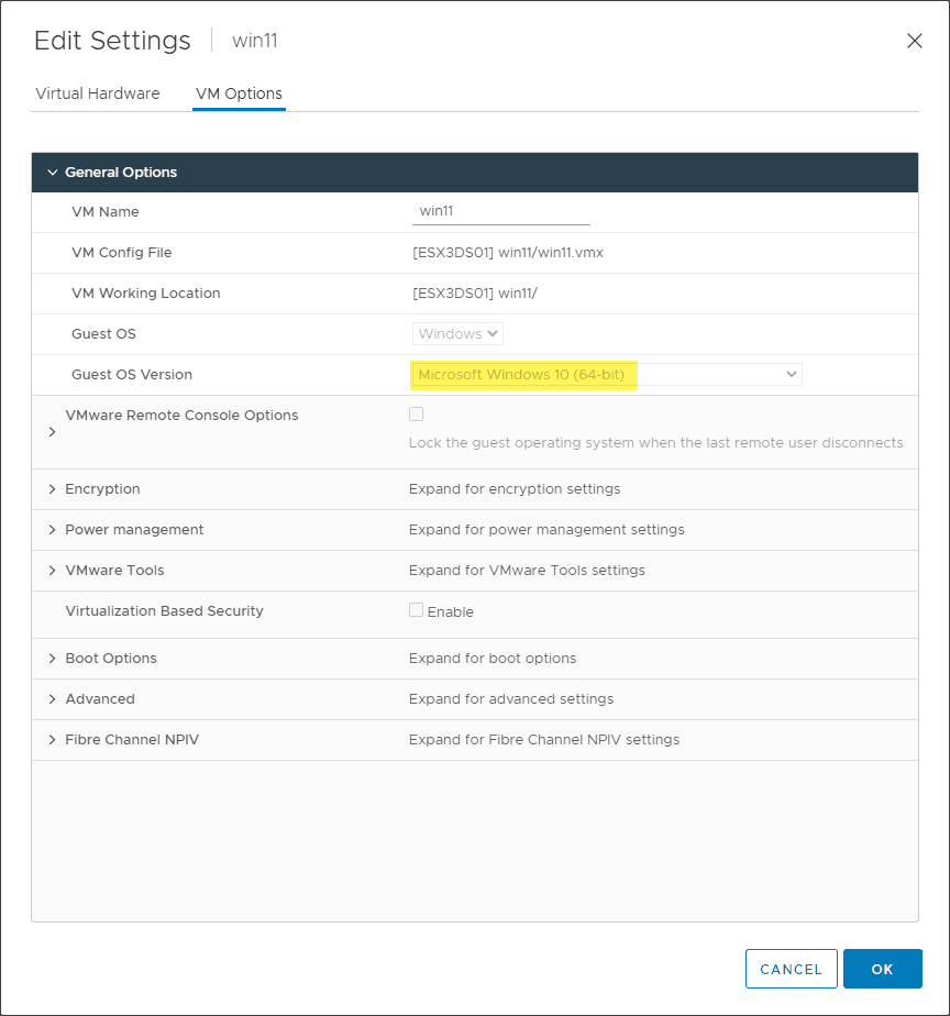 Windows 11 configuration in vmware vsphere