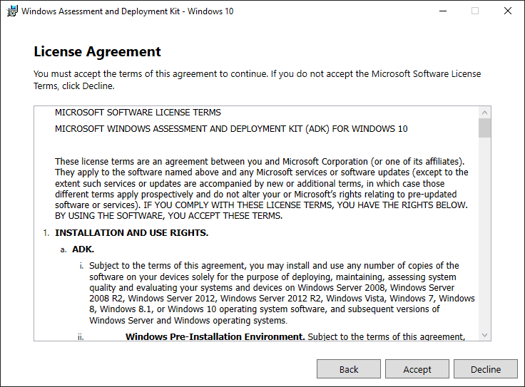 Accept the eula for windows server 2022 adk