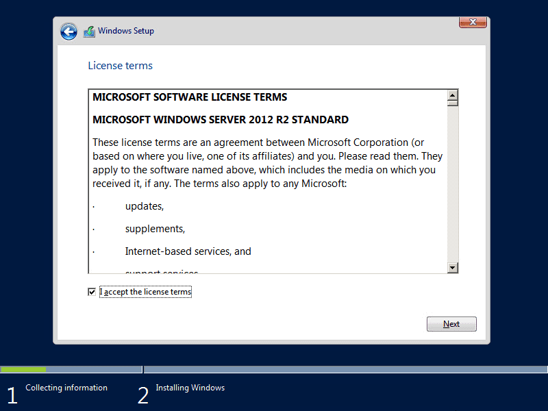 Accept the windows server 2012 r2 eula