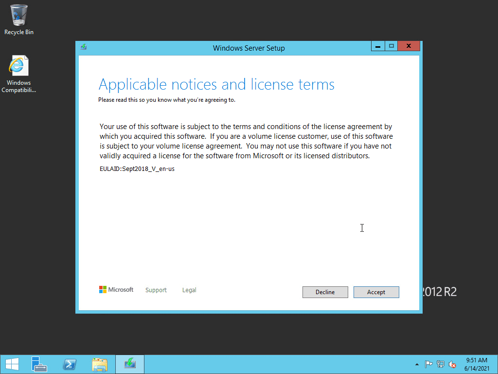 Accepting the eula for the windows server 2022 upgrade