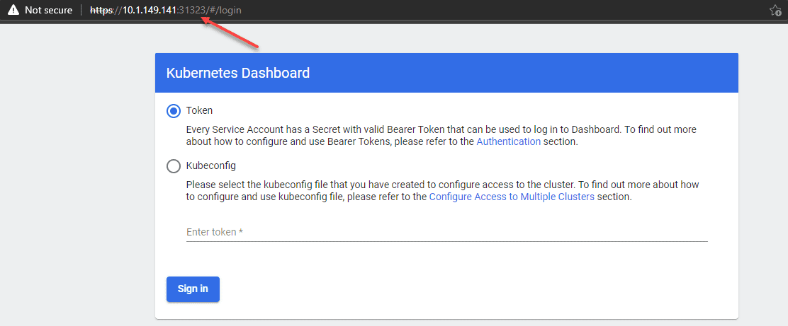 Accessing the kubernetes dashboard from the nodeport