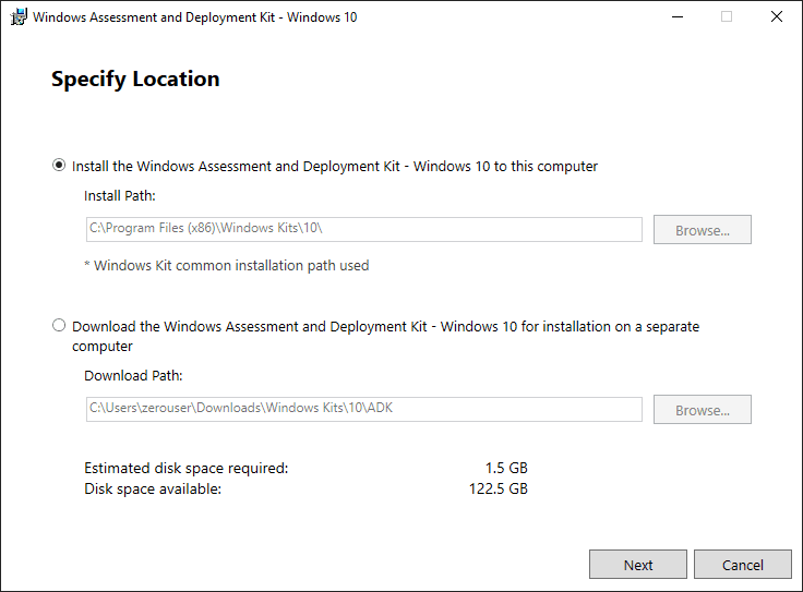 Beginning the installation of windows server 2022 adk