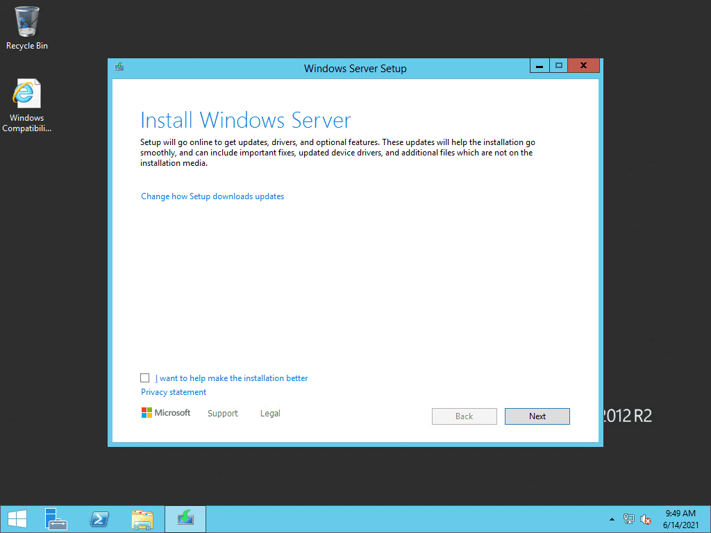 Beginning the process to upgrade windows server 2012 r2 to windows server 2022