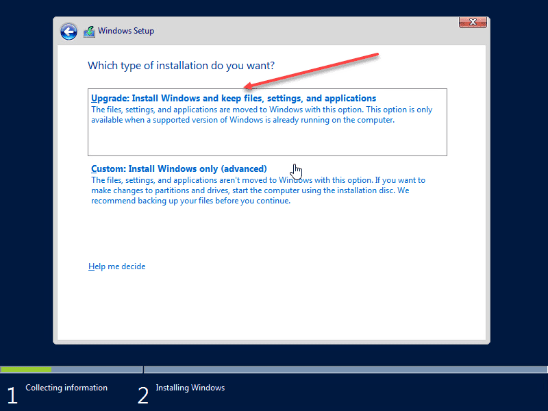 Choose the upgrade installation of windows server 2012 r2