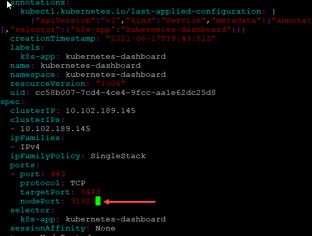 Editing the kubernetes dashboard service for nodeport connectivity