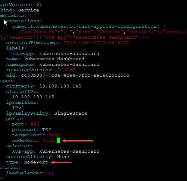 Editing the kubernetes dashboard service for nodeport connectivity