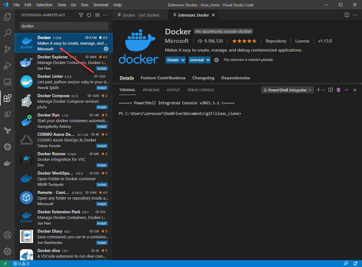 Installing the visual studio code official docker extension