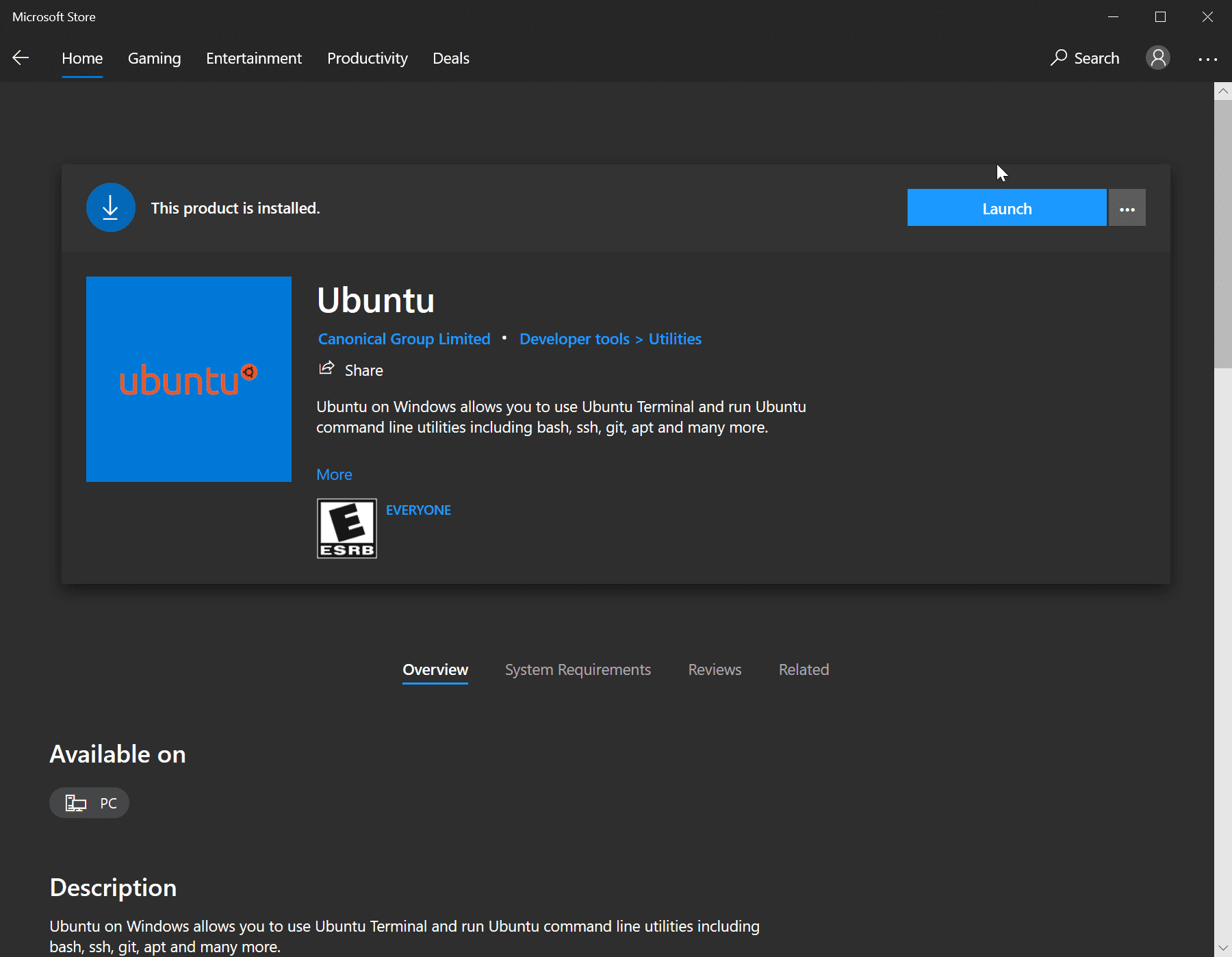 Launch the ubuntu app after installation