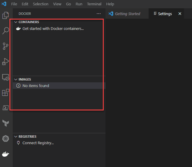 No containers or images displaying as of yet in visual studio code