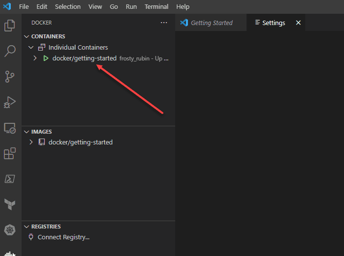 Refreshing the view in visual studio code shows the getting started container