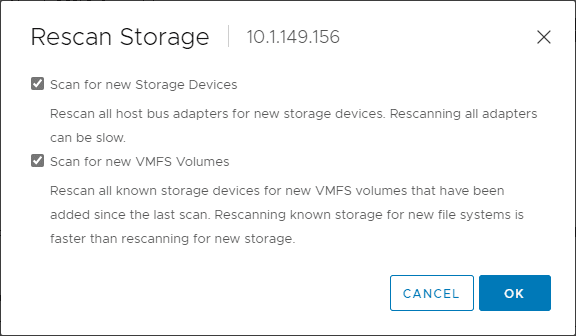 Rescan storage on the vmware esxi host