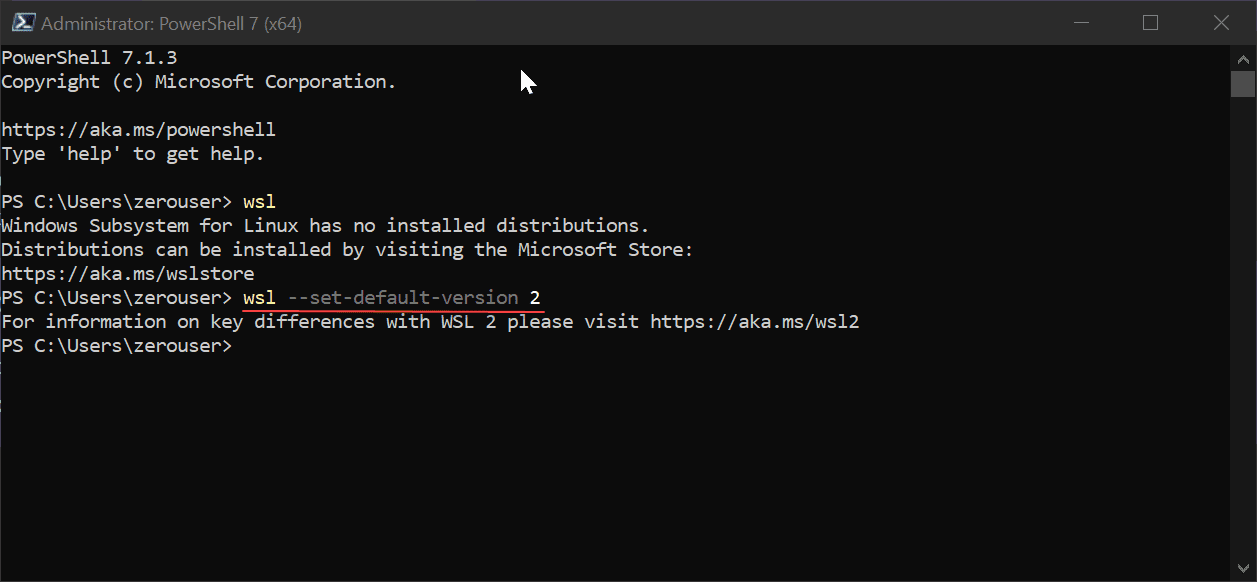 Set the default version to wsl2