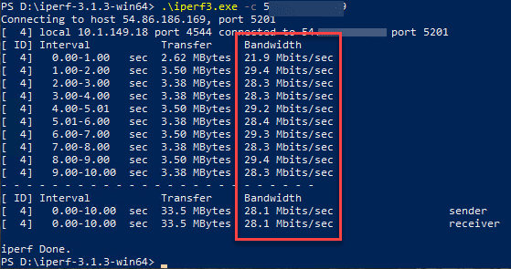 Testing iperf from a windows client