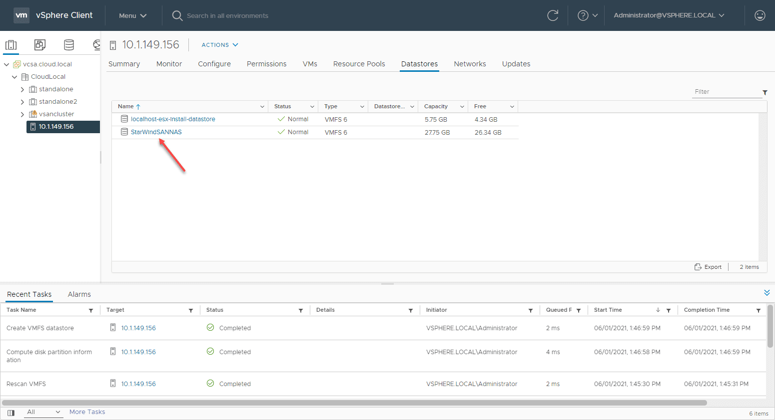 The add nas to vmware esxi process is now complete