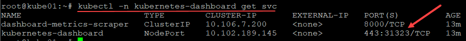 Verifying the kubernetes dashboard service afterwards