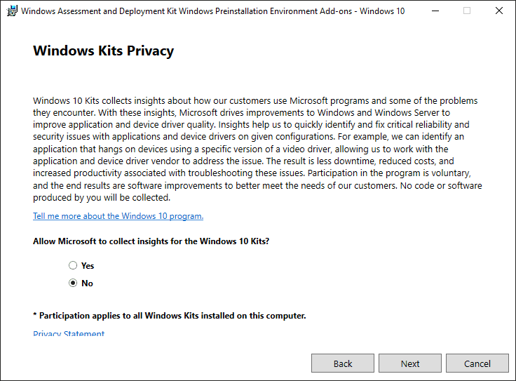 Windows pe add on privacy statement