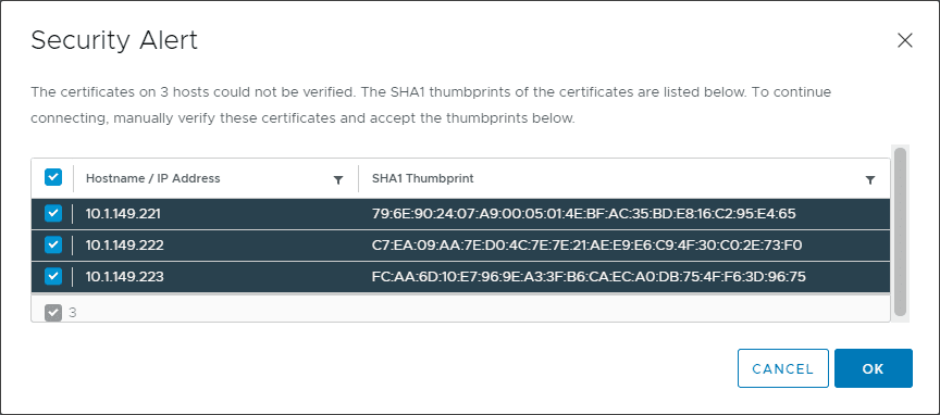 Accept the security certificate thumbprints for the ESXi hosts