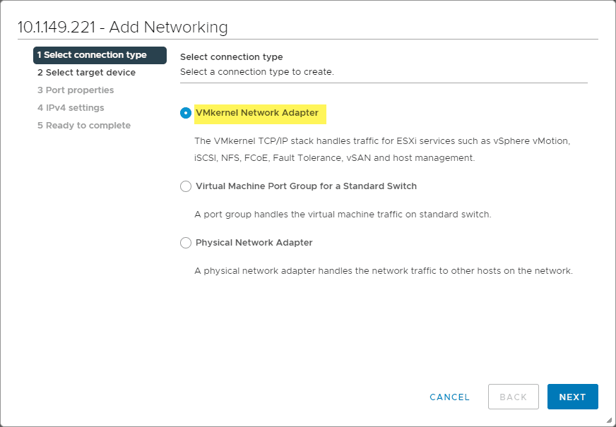 Add a VMkernel network port