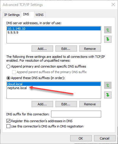 Adding DNS suffixes for proper resolution of short names