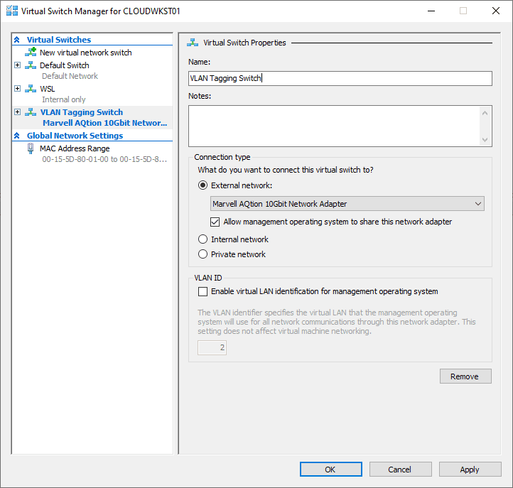 Adding a new External virtual switch using the Hyper V Manager console