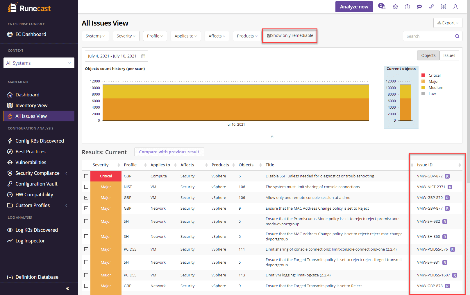 After filtering the only show remediable in Runecast 5.1